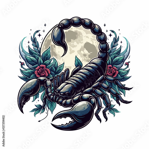 Illustrazione di uno scorpione in grafica vettoriale, logo in stile EPS10 su sfondo bianco, perfetto per il branding con un accento potente, misterioso e audace.