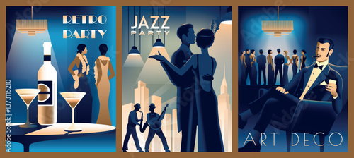  Set of 3 retro party invitation cards. Couple at a party in the style of the early 20th century. Pretty girl tries champagne. Handmade drawing vector illustration. Art Deco style.