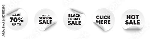 Discount sticker tag. Season sale, Black friday paper price banners. Save up to 70 percent tag. Discount Sale offer price sign. Special offer symbol. Click here sticker. Vector