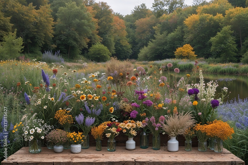 Fototapeta premium Vivid Floral Expanse: A Rustic Wildflower Arrangement in a Tranquil Ecosystem