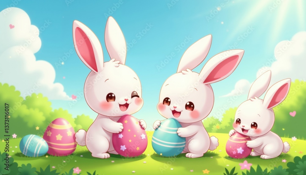 Obraz premium Cute Rabbits With Easter Eggs In Grass Playful Bunny Characters Kawaii Style Spring Celebration Adorable Design AI Generated