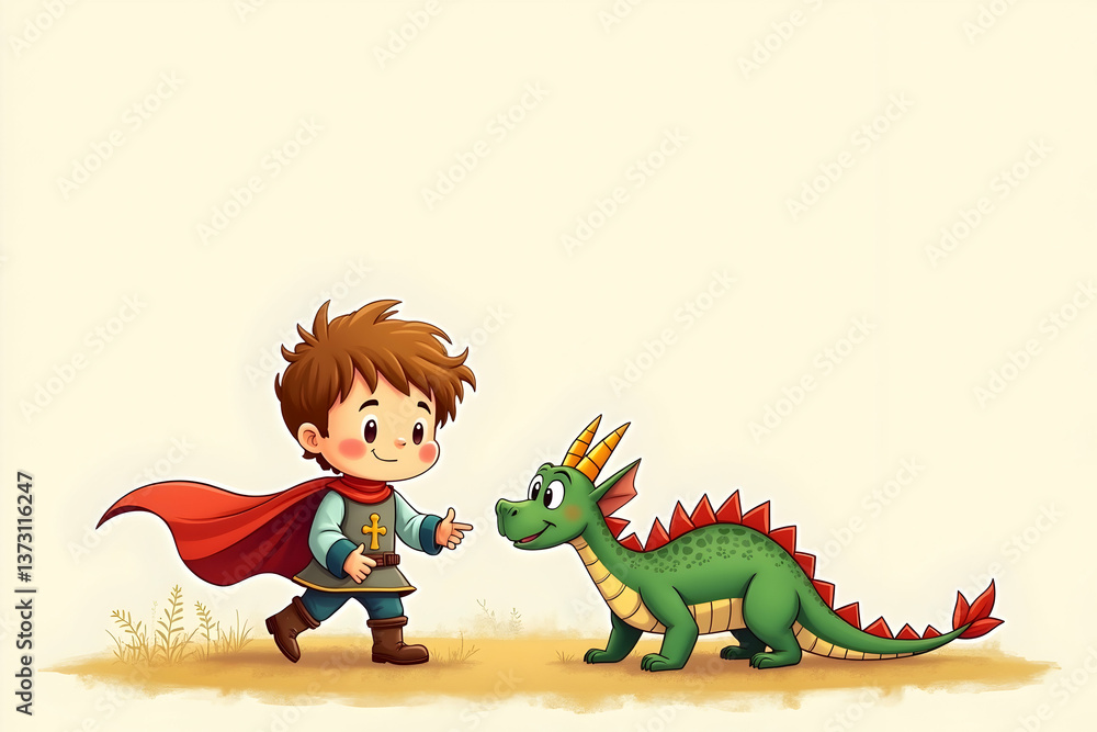 Fototapeta premium Charming Illustration of a Boy Dressed as a Knight Meeting a Friendly Dragon in a Light-Filled Scene, Perfect for Children's Stories and Fantasy Themes