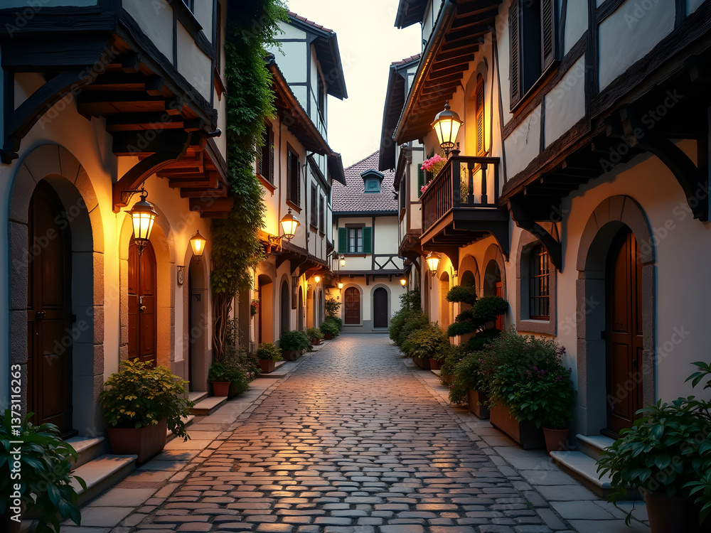 Fototapeta premium Charming European Village Street at Dusk, A Picturesque View of Cobblestone Path, Quaint Buildings, and Warm Lighting Evoking a Sense of Serenity and Timeless Beauty