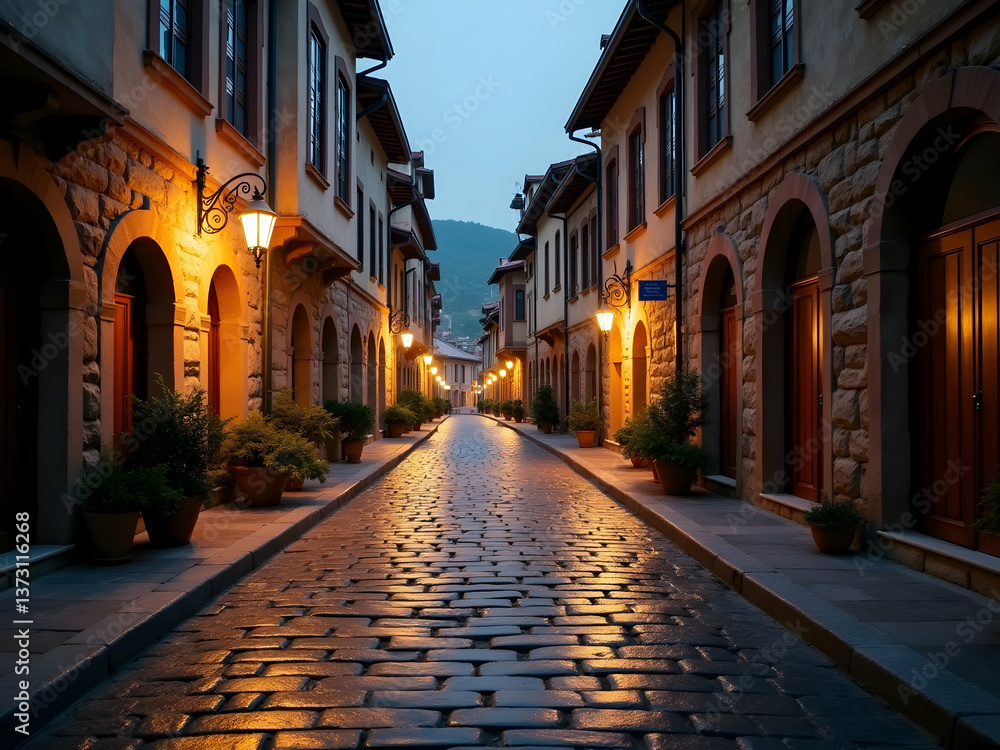 Obraz premium Charming European street scene at twilight, featuring cobblestone pavement, traditional architecture with stone facades, and warm lighting from street lamps