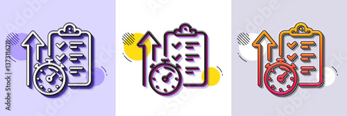 Timer line icon. Halftone dotted pattern. Gradient icon with grain shadow. Stopwatch time results sign. Report checklist with countdown clock symbol. Line timer icon. Various designs. Vector