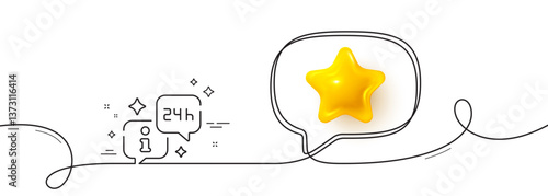 Info line icon. Continuous line with 3d star. Help inform sign. 24 hours support information symbol. 3d star in speech bubble. Info single line ribbon. Loop curve pattern. Vector