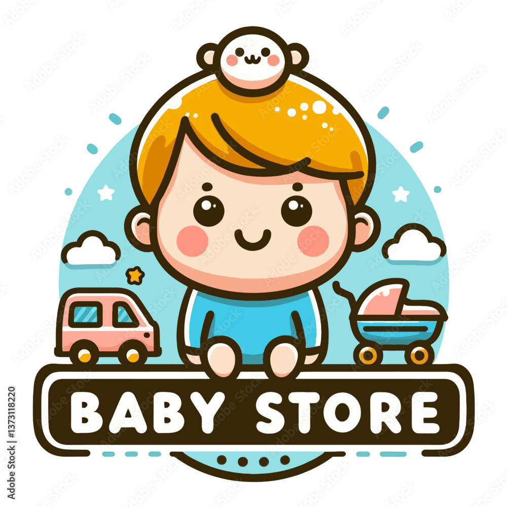 Fototapeta premium Logotipo de tienda para bebés en estilo cartoon infantil con fondo blanco, realizado en formato EPS10, ideal para branding con un diseño tierno y amigable para los pequeños