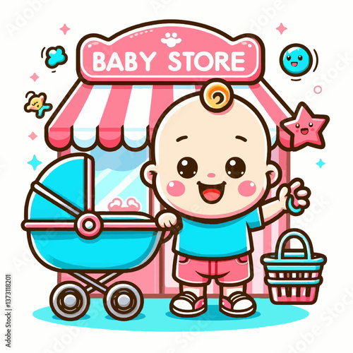 Logotipo de tienda para bebés en estilo cartoon infantil con fondo blanco, realizado en formato EPS10, ideal para branding con un diseño tierno y amigable para los pequeños.