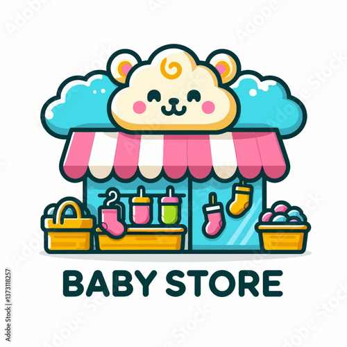 Logotipo de tienda para bebés en estilo cartoon infantil con fondo blanco, realizado en formato EPS10, ideal para branding con un diseño tierno y amigable para los pequeños