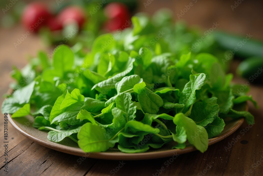 Fresh watercress salad leaves, vibrant green, healthy eating ingredient preparation, on a plate against a rustic wooden background Fresh watercress salad leaves, vibrant green, healthy eating ingredient preparation, on a plate against a rustic wooden background