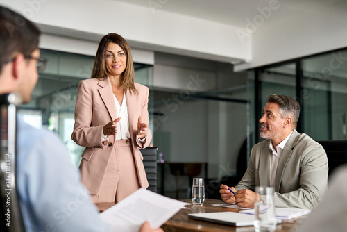 Fotografía Busy mature professional board executive colleagues successful business team people collaborating having corporate teamwork discussion together at group office conference meeting boardroom table