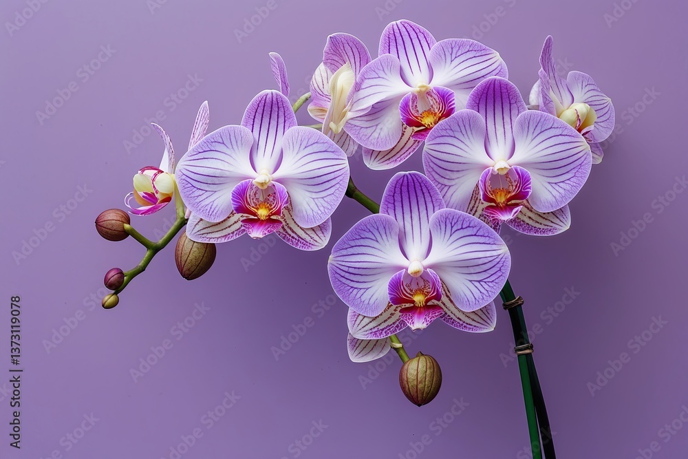 Naklejka premium Fresh Blooming Orchids on Pastel Lavender Background