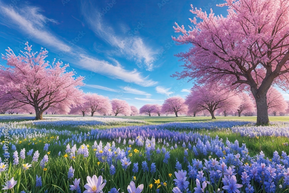 Captivating Spring Landscape with Flourishing Blooms and Expansive Blue Skies Captivating Spring Landscape with Flourishing Blooms and Expansive Blue Skies