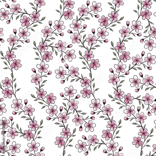 Seamless cherry blossom pattern, floral botanical design, pink sakura flowers, elegant spring wallpaper, japanese style textile, romantic  print

