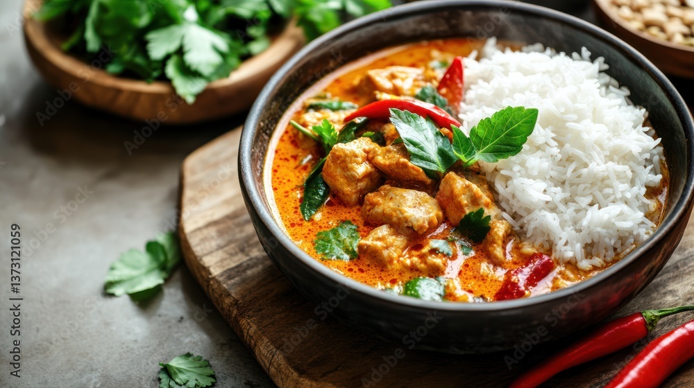 A delicious bowl of curry served with white rice and herbs A delicious bowl of curry served with white rice and herbs
