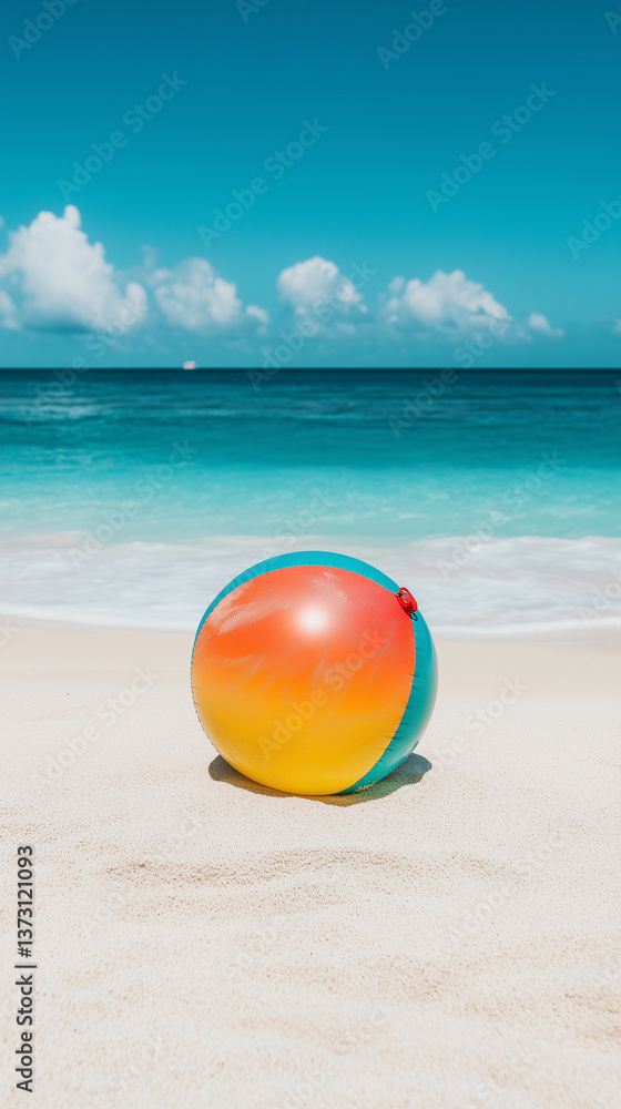 Obraz premium View on tropical beach with an inflatable beach ball, summertime vibes. Tropical travel destination, mockup for poster, advertisement. Travel industry background. Summer beach.