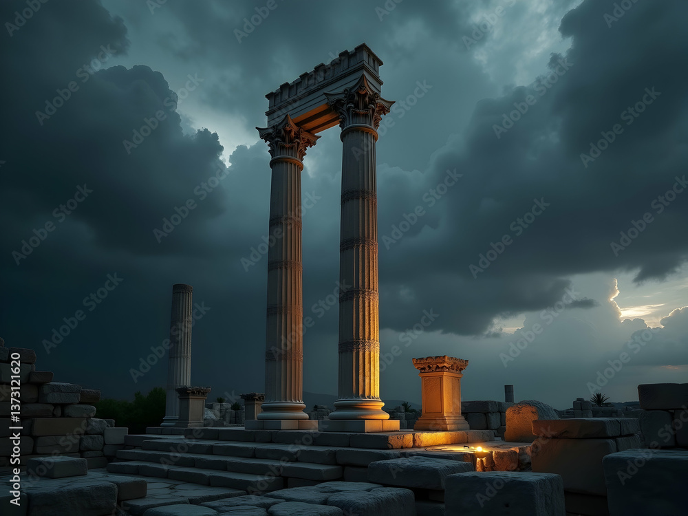 Naklejka premium Dramatic High-Contrast Image of Ancient Ruins at Dusk, Majestic Columns Under a Stormy Sky Evoke a Sense of History and Impending Weather