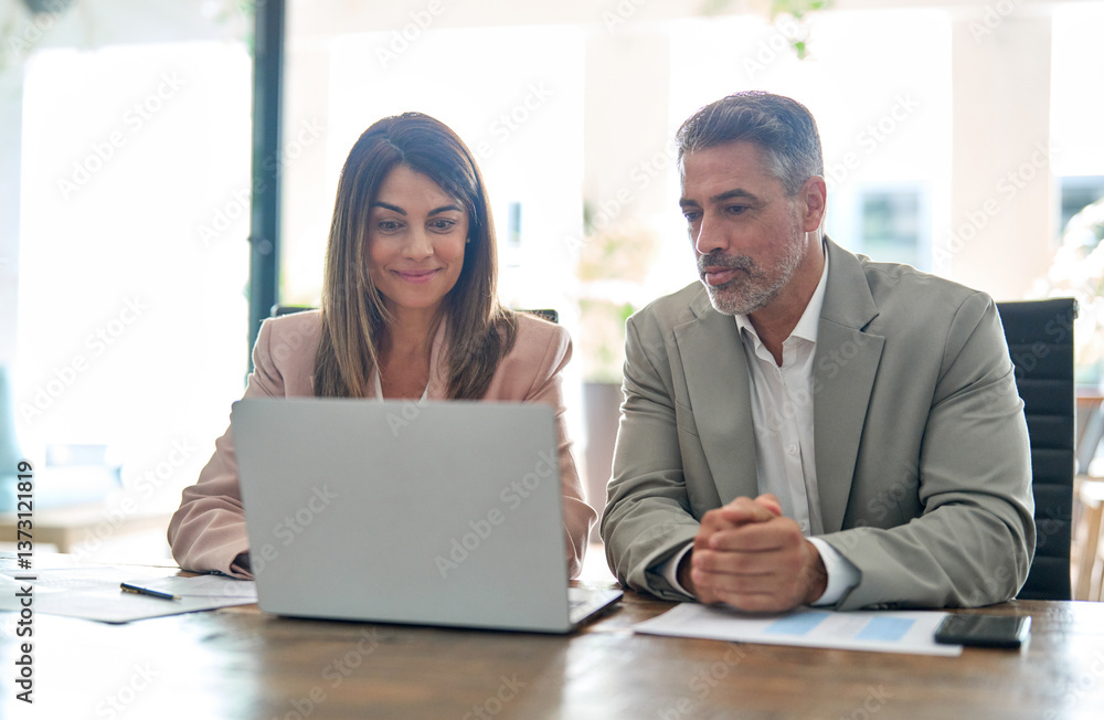 Bank manager advisor consulting older client explaining digital finance investment offer at corporate meeting. Two mid aged busy professional business executives office team working using laptop.