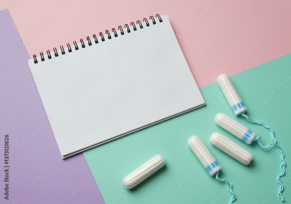 Tampons and notepad on colorful background representing menstrual products and women's health concept Tampons and notepad on colorful background representing menstrual products and women's health concept