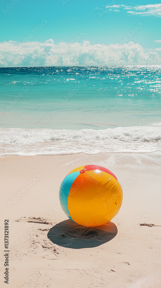 View on tropical beach with an inflatable beach ball, summertime vibes. Tropical travel destination, mockup for poster, advertisement. Travel industry background. Summer beach. View on tropical beach with an inflatable beach ball, summertime vibes. Tropical travel destination, mockup for poster, advertisement. Travel industry background. Summer beach.