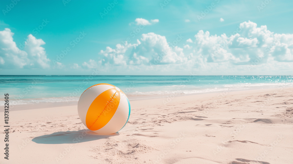 Obraz premium View on tropical beach with an inflatable beach ball, summertime vibes. Tropical travel destination, mockup for poster, advertisement. Travel industry background. Summer beach.