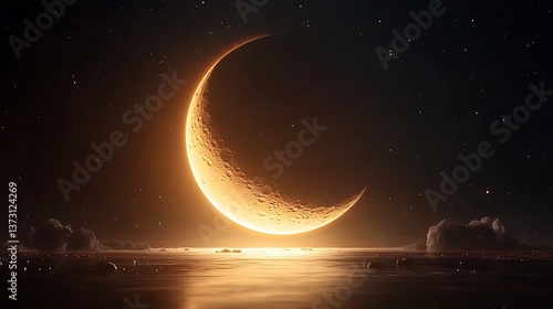 Crescent Moon Over Calm Sea