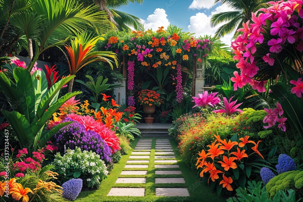 Fototapeta premium Lively Tropical Summer Garden Filled with Colorful Flowers and Vibrant Plants