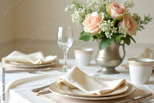Elegant Table Setting with Roses and Fine China, A Warm and Inviting Pastel Scene for Special Occasions and Celebrations, Capture the Charm