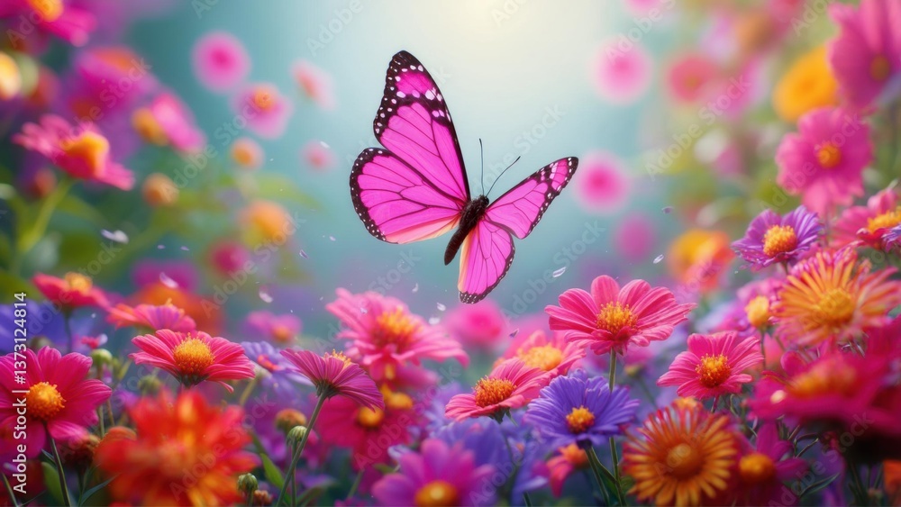 Naklejka premium Vibrant butterfly hovering above colorful flowers in a lush garden during spring