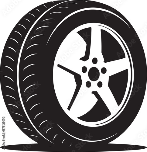 A simple, clean, black and white vector graphic of a car tire and wheel.