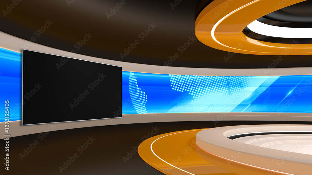Tv Studio. Backdrop for TV shows .TV on wall. News studio. The perfect backdrop for any green screen or chroma key video or photo production. 3D rendering.