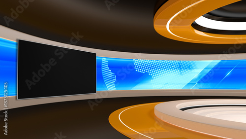 Obraz na płótnie Tv Studio. Backdrop for TV shows .TV on wall. News studio. The perfect backdrop for any green screen or chroma key video or photo production. 3D rendering.
w salonie