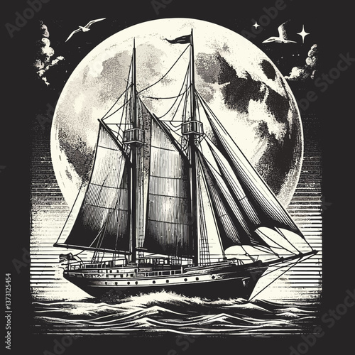 Velero vintage para camiseta o póster, ilustración monocromática de decoración clásica de velero con textura grunge en formato EPS10, ideal para estilo retro y temas náuticos.
