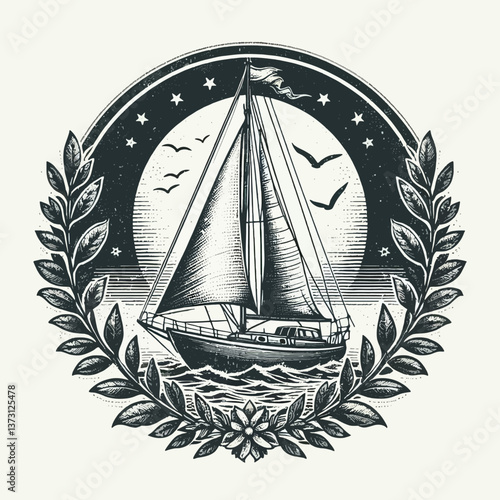 Barco à vela vintage para camiseta ou pôster, ilustração monocromática de decoração clássica de barco à vela com textura grunge em formato EPS10, perfeito para estilo retrô e temas náuticos.