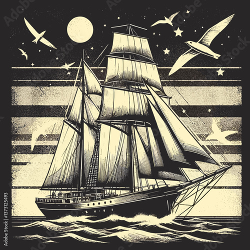 Vintage-Segelboot für T-Shirt oder Poster, monochrome Illustration klassischer Segelboot-Dekoration mit Grunge-Textur im EPS10-Format, perfekt für Retro-Stil und nautische Themen.