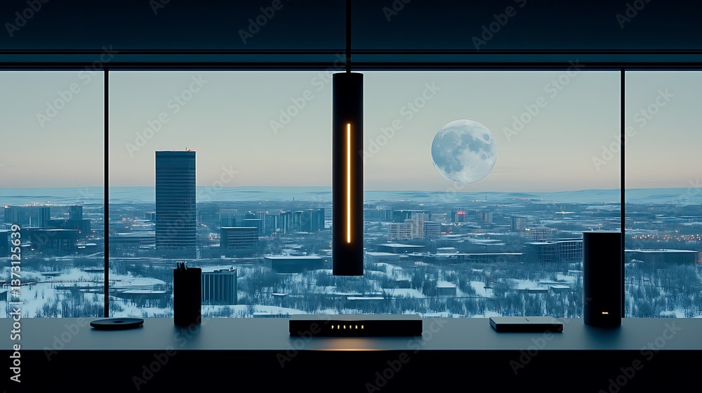 A modern room overlooking a city with a large moon A modern room overlooking a city with a large moon