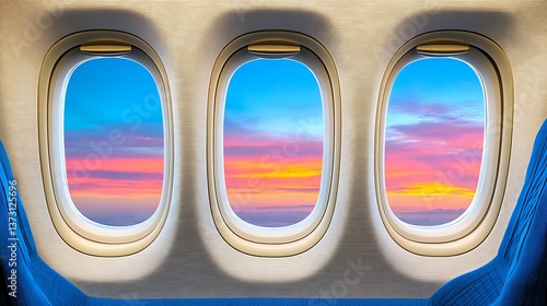 A plane interior showcasing beautiful vibrant skies seen through the windows