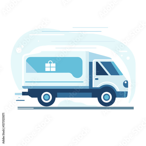  Vector image of a large delivery vehicle in white and blue colors, modern and sleek design, representing order fulfillment and logistics