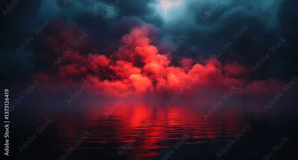 Surreal dark clouds with red smoke reflecting over calm water Surreal dark clouds with red smoke reflecting over calm water