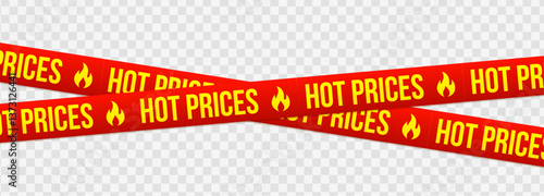 Hot Prices Red Barrier Line Promo Caution Tape with Fire Icon. Urgent Discount Message Scotch. Sale Barrier Line. Vector illustration