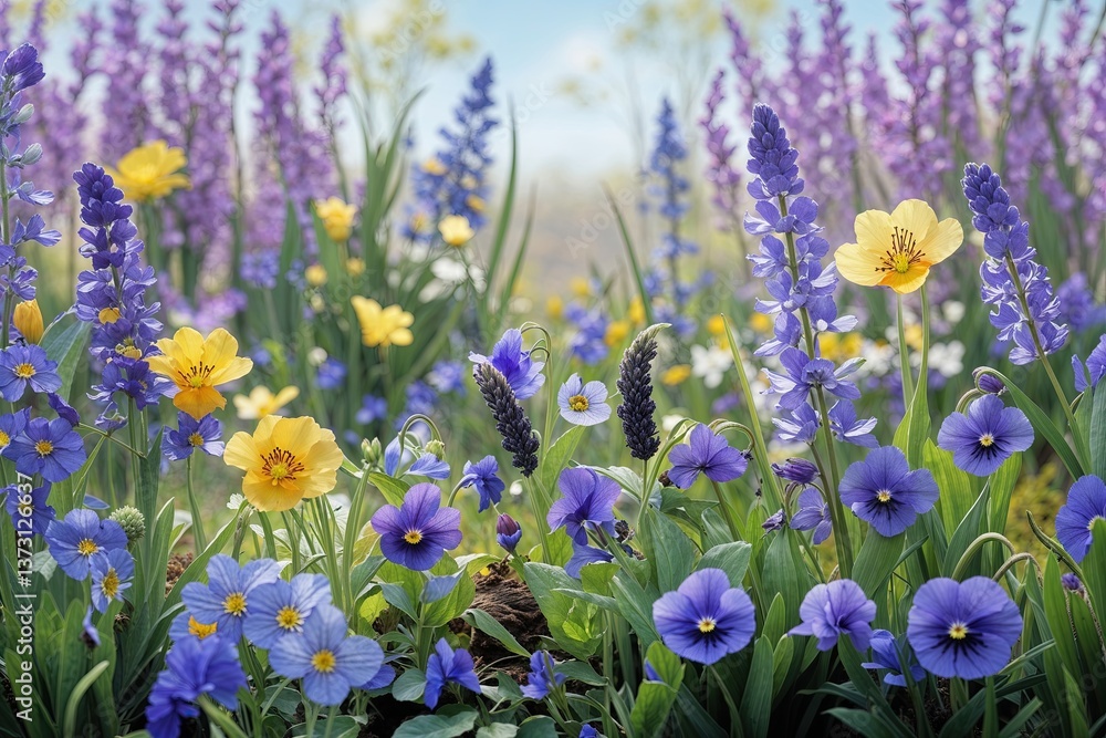 Fototapeta premium Bright Spring Landscape Featuring Wildflowers and Violets Showcasing Nature's Beauty and Growth