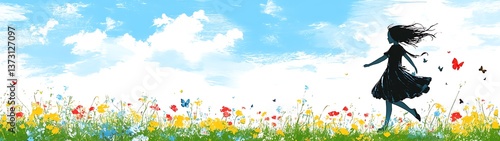 A silhouetted girl runs through a blooming colorful wildflower meadow