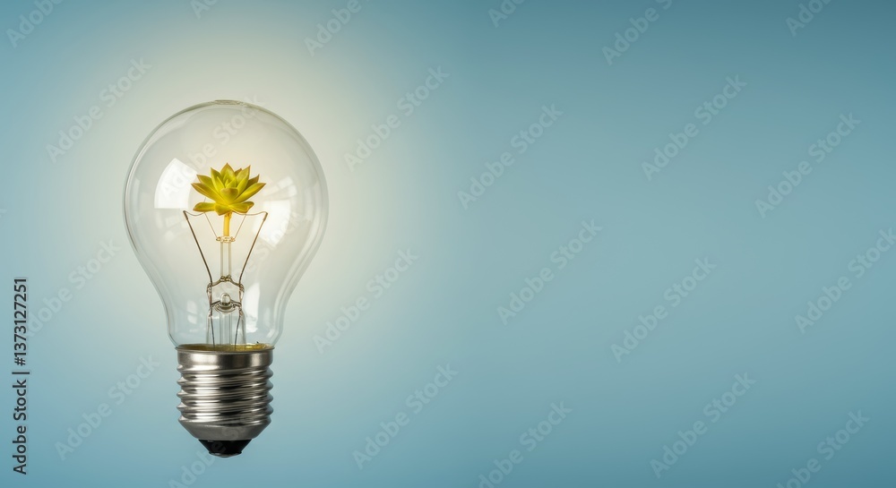 Light bulb with succulent plant symbolizing eco-friendly innovation and creativity against a soft blue background Light bulb with succulent plant symbolizing eco-friendly innovation and creativity against a soft blue background