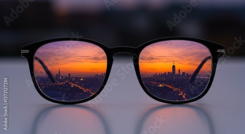 Wallpaper Mural Stylish glasses reflecting a vibrant sunset over a city skyline, conveying a sense of tranquility and connection with the world around, framed against a soft blurred background Torontodigital.ca