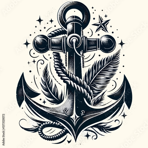 Âncora vintage para camiseta ou pôster, emblema logotipo em ilustração monocromática com decoração clássica de âncora e textura grunge em formato EPS10, perfeito para estilo retrô.