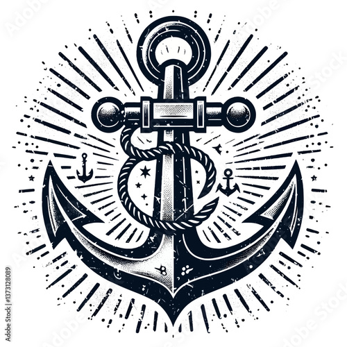 Ancla vintage para camiseta o póster, emblema logotipo en ilustración monocroma con decoración clásica de ancla y textura grunge en formato EPS10, ideal para estilo retro.