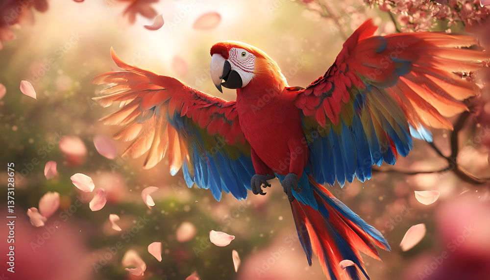 Obraz premium Colorful parrot joyfully flapping wings among blossoms. concept of tropical wildlife, freedom, nature s beauty, funny animal. Copy space