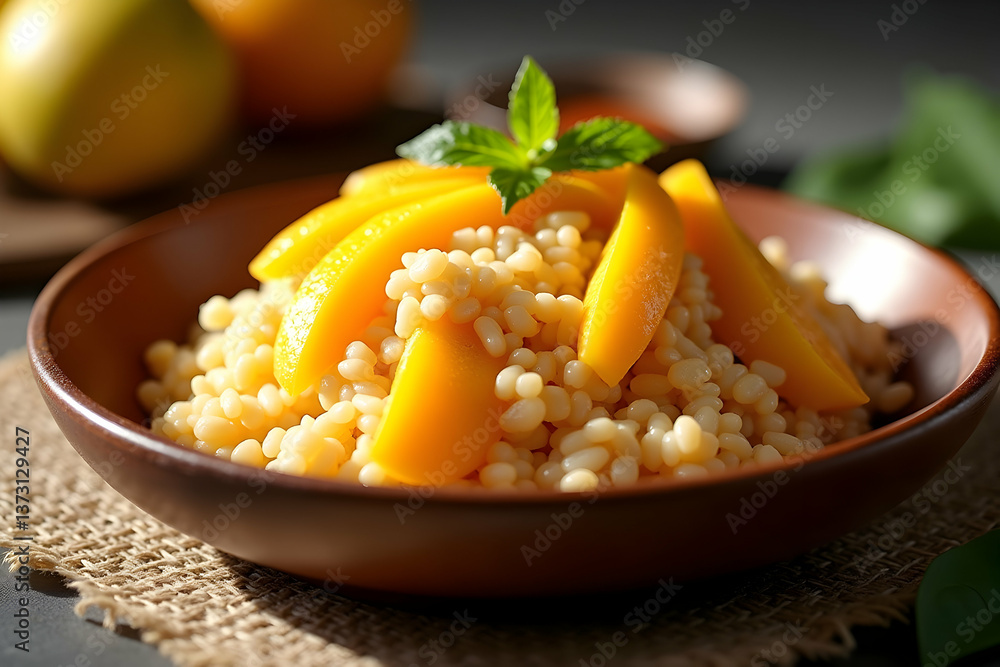 Exquisite presentation of couscous with luscious mango slices and fresh mint leaves in a rustic wooden bowl, evoking culinary artistry and healthy eating Exquisite presentation of couscous with luscious mango slices and fresh mint leaves in a rustic wooden bowl, evoking culinary artistry and healthy eating