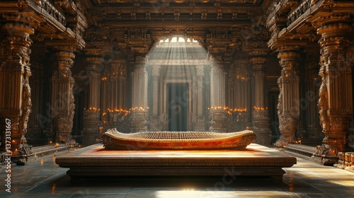 Ornate temple interior, golden light, ancient design