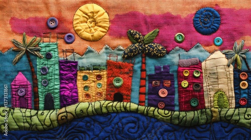 Vibrant Mixed Media Textile Art Depicting Colorful Houses with Buttons and Embroidered Palm Trees Against a Sunset Background